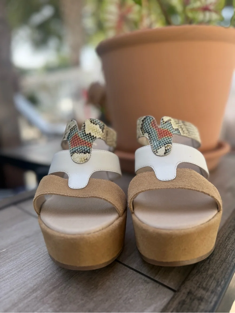 Women's Taupe Suede Wedge Sandals with White & Snake-Print Straps